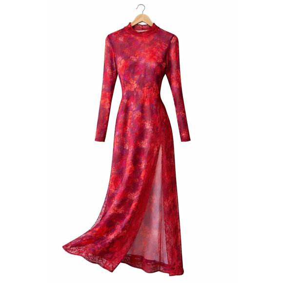 marina stretch lace dress Marina Stretch Satin Long Sleeve V-Neck Satin Skirt Front Twist Detail  Sequin Bodice Gown main image 1